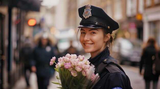 Photo une policière souriante avec des tulipes montre un côté plus doux de l'application de la loi