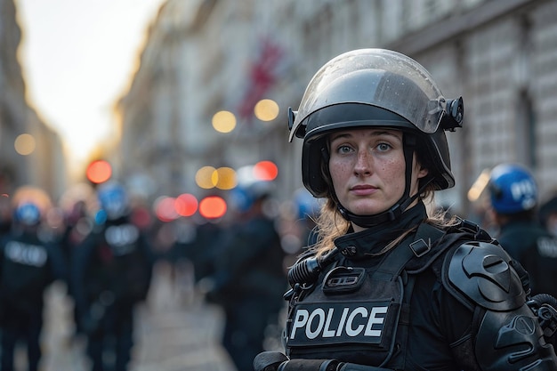 Une policière en tenue anti-émeute en service.