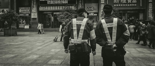 Photo des policiers à l'arrière regardent des gens debout dans la rue de la ville.