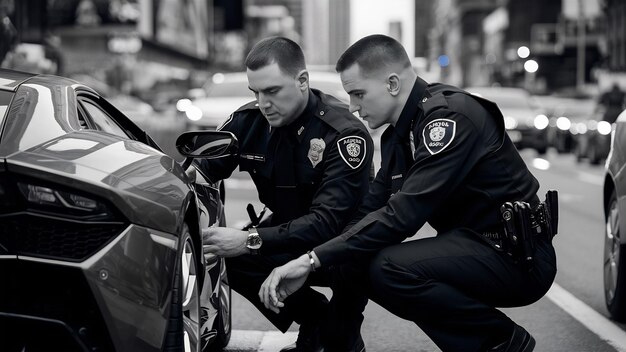 Photo des policiers checkent un véhicule sur la route.