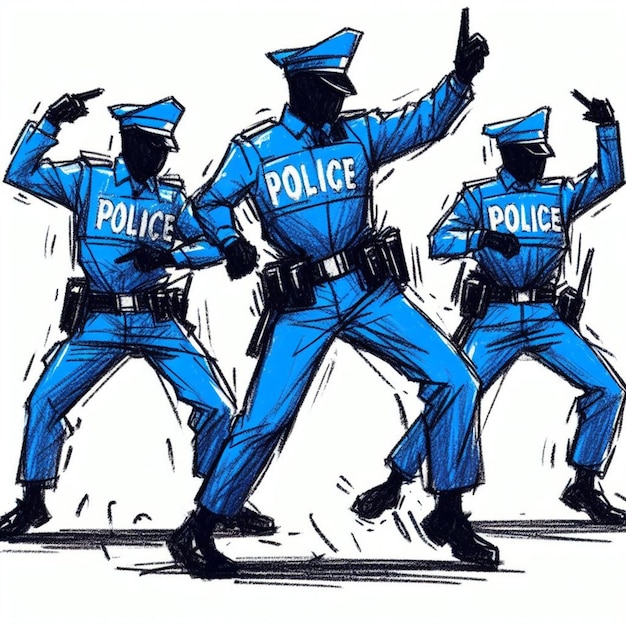 Des policiers de dessins animés dans des illustrations stylisées posant dans diverses positions d'action