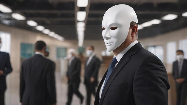 Politicien ou homme d'affaires portant un costume noir et cachant un masque blanc