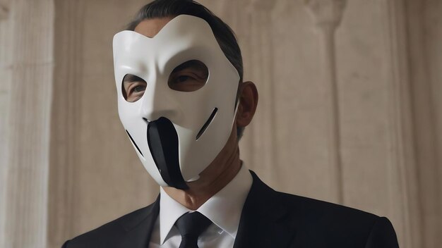 Politicien ou homme d'affaires portant un costume noir et cachant un masque blanc