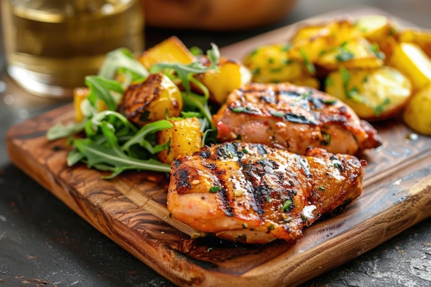 Photo pollo péruvien à la brasa avec pommes de terre et salade à bord