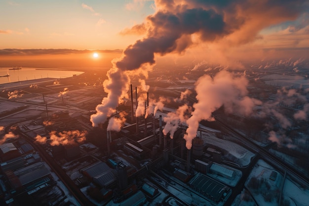 pollution de l'air sale fumée provenant de la cheminée d'usine heure de coucher du soleil émissions d'usines ai générées