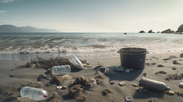 Photo pollution de l'environnement sur le plastique et les déchets de la plage