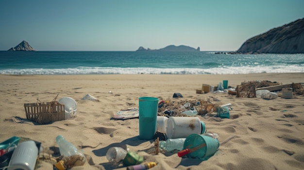 Photo pollution de l'environnement sur le plastique et les déchets de la plage