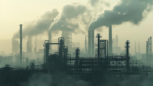 Pollution de l'environnement Structures en acier et cheminées par rapport à l'horizon de la ville Paysage industriel urbain