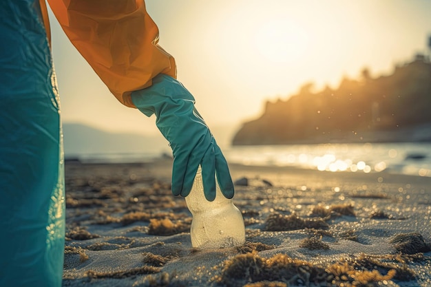 Pollution environnementale Volontaire en gants de protection ramasse une bouteille en plastique sur la plage En gros plan de la main Vue à angle bas Copier l'espace Le concept de nettoyage de la zone côtière IA générative