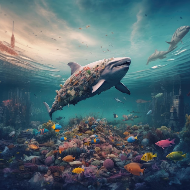 pollution de la mer avec des plastiques où vivent les poissons Ai générative