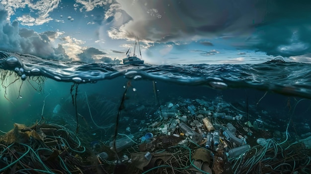 Pollution des océans Grande quantité de déchets flottants IA générative
