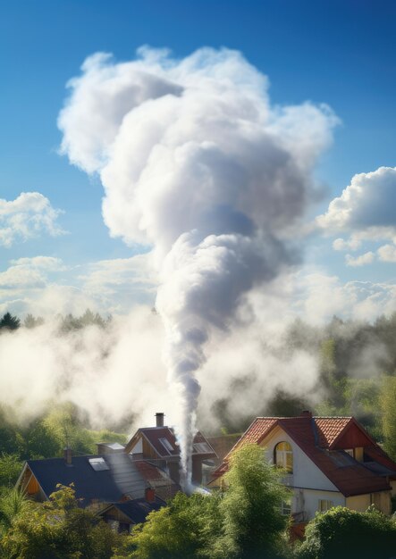 Pollution par la fumée de la cheminée de la maison familiale sur le village du chauffage Génératif Ai