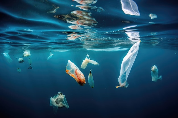 Pollution plastique dans l'océan avec des sacs et des bouteilles en plastique flottants créés avec l'IA générative