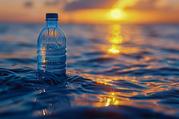 Pollution plastique dans les océans Concept avec une bouteille d'eau flottant sur la mer au coucher du soleil