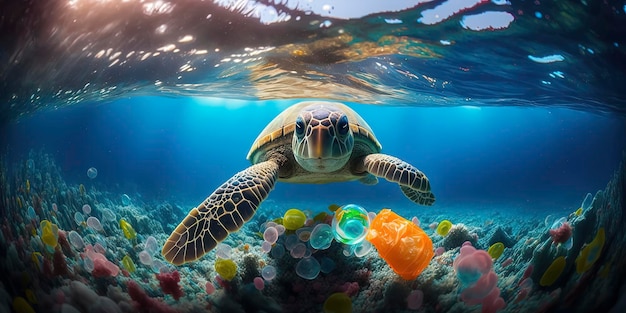 Pollution plastique dans le problème environnemental de l'océan Litte mignon bébé tortue plongé dans l'eau mange des sacs en plastique en les confondant avec des méduses avec des récifs coralliens colorés Généré par l'IA