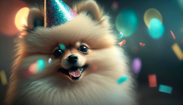 Pomeranian Pup Parties Hardy en chapeau lors d'une occasion festive