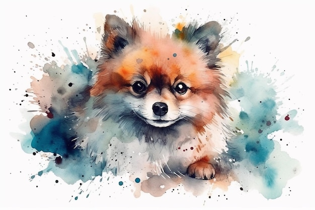 Poméranie adorable illustration aquarelle de chien chiot avec des taches de couleur toutes les races de chiens