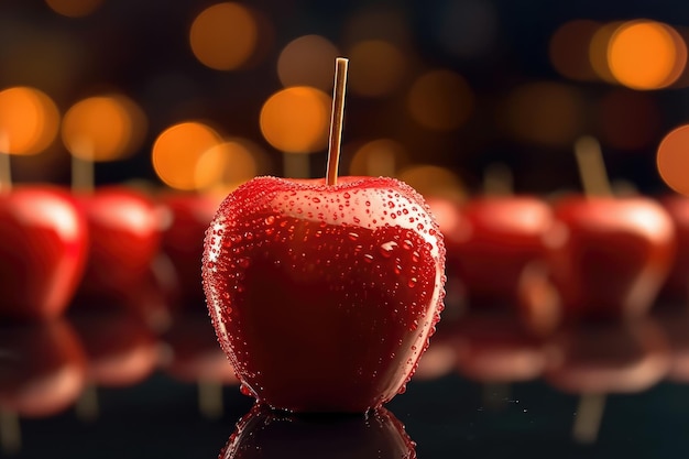 Pomme d'amour douce typique de la Festa Junina avec garniture et forme de coeur Connue sous le nom d'IA générative de pommes caramel