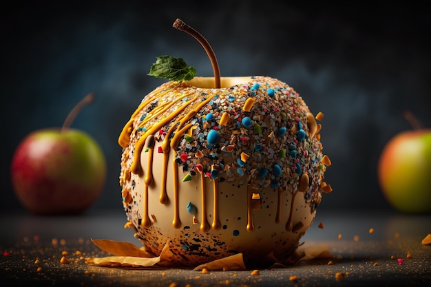 Pomme au caramel et illustration de pépites colorées sucrées AI générative