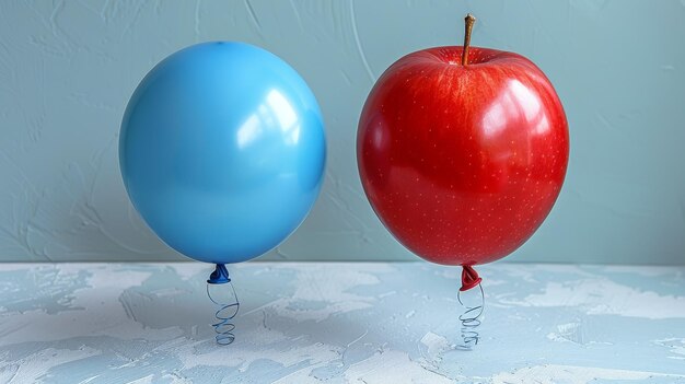 Photo une pomme et un ballon bleu flottent en l'air sur un fond bleu pour un concept minimal