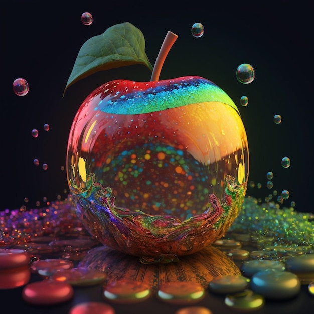 Une pomme colorée est entourée de bulles et de bulles.