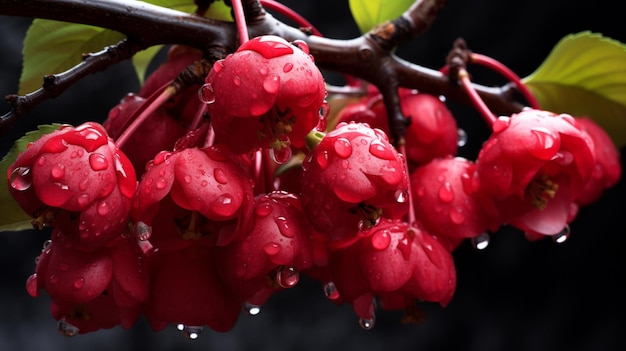 Une pomme de crabe rouge colorée suspendue à une branche d'arbre avec une goutte d'eau