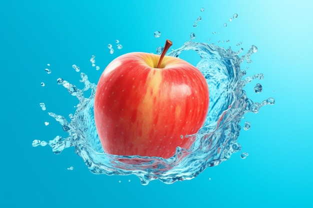 Une pomme dans l'eau avec un fond bleu