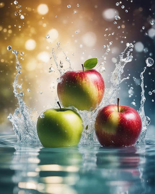 Pomme dans l'éclaboussure de couleur de l'eau