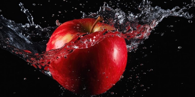 une pomme est éclaboussée d'eau