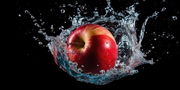 une pomme est éclaboussée d'eau