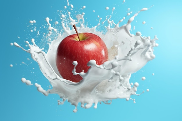 Une pomme est entourée de lait et d'une éclaboussure de lait.