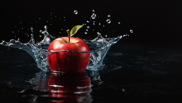 la pomme est tombée à la surface de l'eau isolée sur fond noir