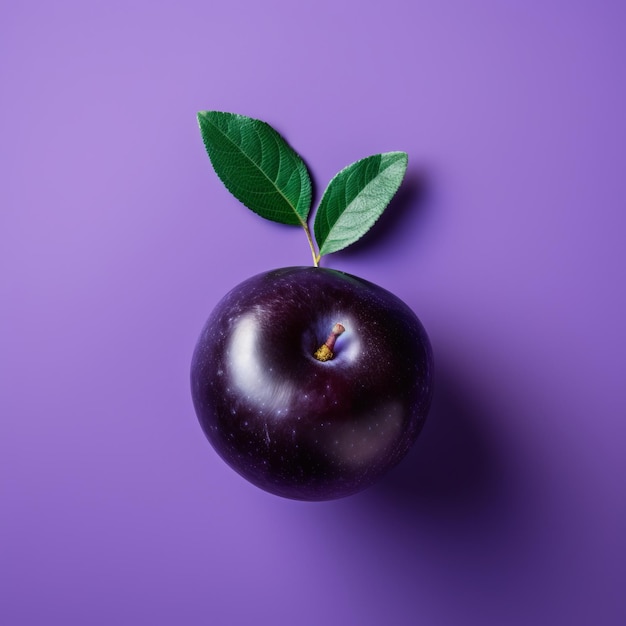 une pomme avec une feuille dessus sur fond violet