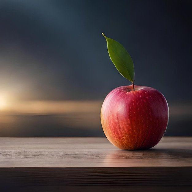 Une pomme avec une feuille sur elle est assise sur une table.