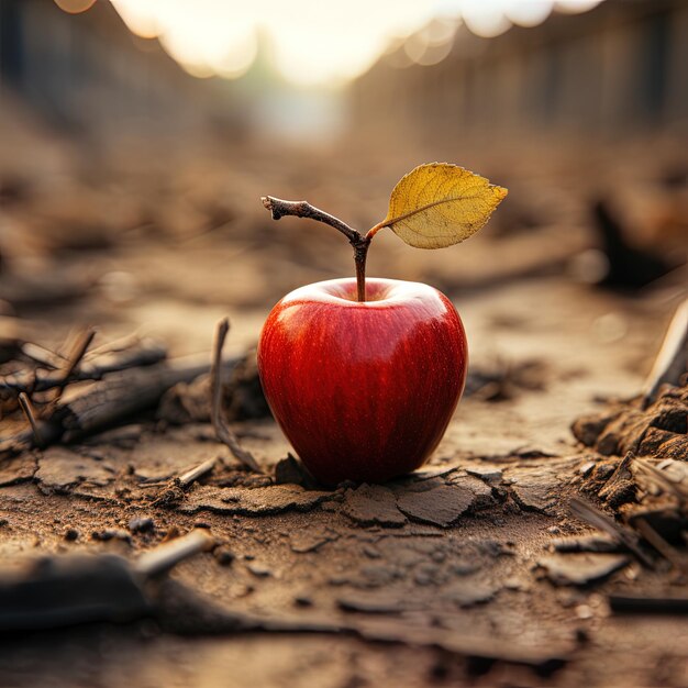 une pomme avec une feuille sur elle est sur le sol