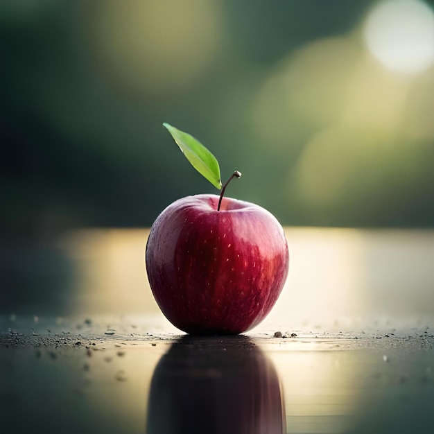 Une pomme avec une feuille sur le sol.