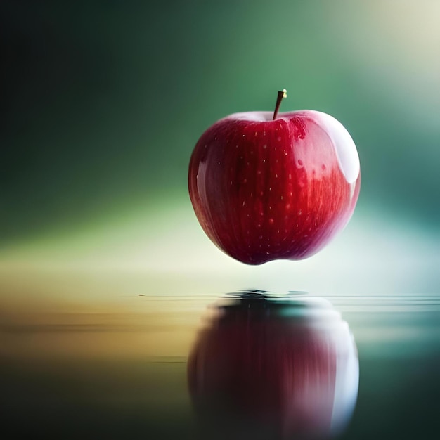 Une pomme avec un fond vert et un reflet d'un fond vert