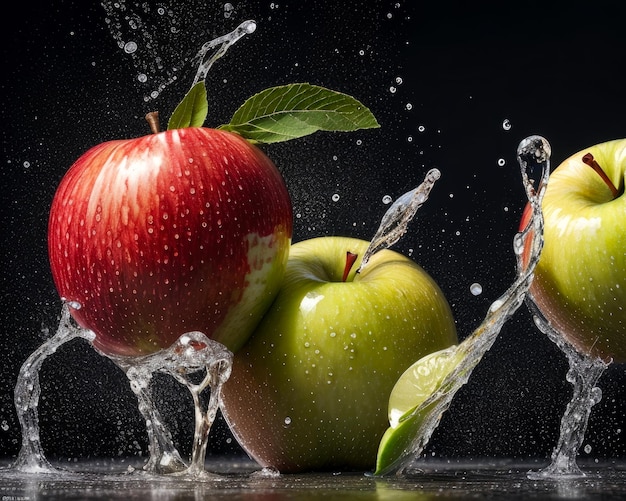 Pomme fraîche avec des éclaboussures d'eau isolées sur fond noir