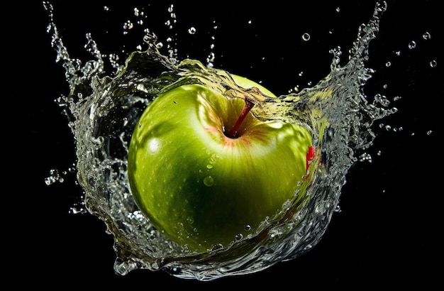 Pomme fraîche avec des éclaboussures d'eau
