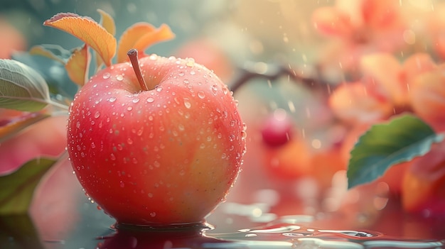 Pomme fraîche sur surface réfléchissante avec un fond floral doux