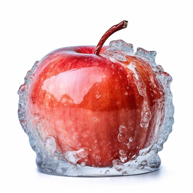 Une pomme avec de la glace et de l'eau dessus