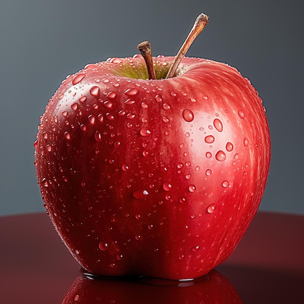 une pomme avec des gouttelettes d'eau dessus et un fond gris