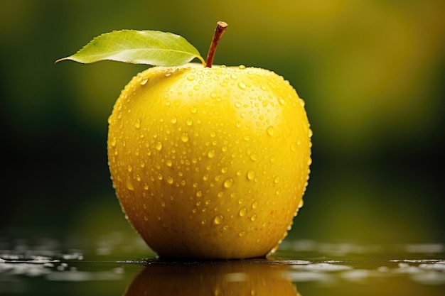 pomme jaune fraîche avec une feuille verte à l'extérieur