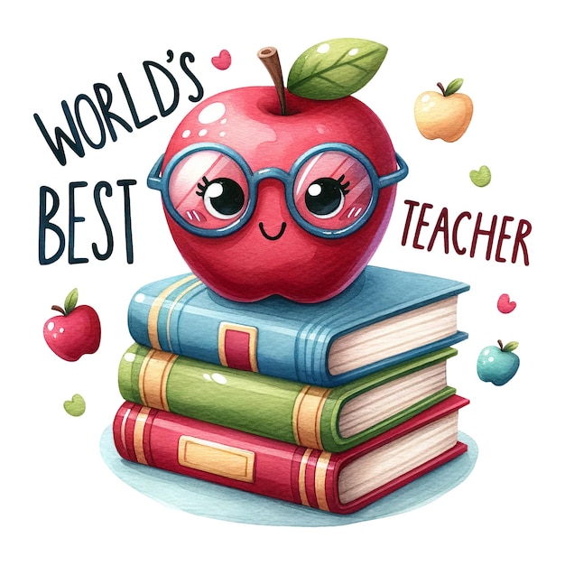 Pomme joyeuse avec des lunettes au sommet d'une pile de livres étiquetés Meilleur professeur du monde