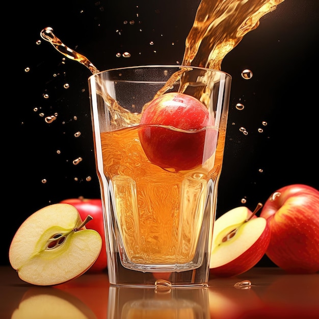 Pomme et jus de pomme éclaboussent dans un verre AI générative