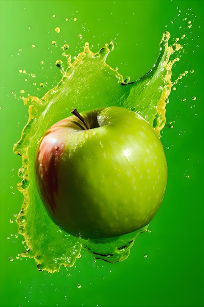 Pomme juteuse mûre avec des éclaboussures de gouttes d'eau ou de jus sur fond vert AI générative 1