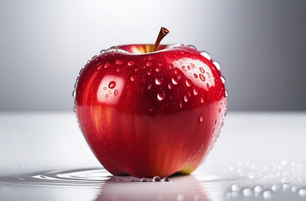 Pomme juteuse rouge avec des gouttes d'eau sur un fond blanc