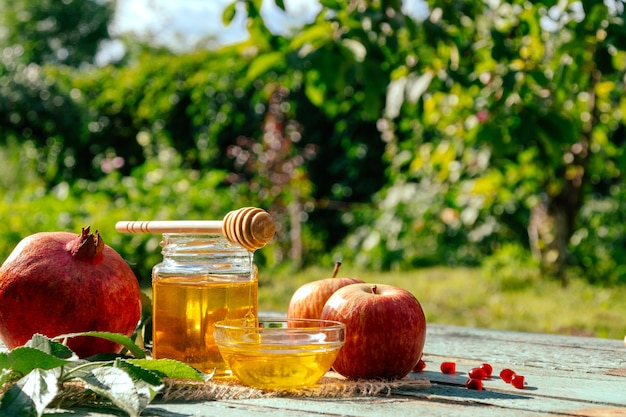 Pomme et miel et grenade, nourriture traditionnelle du Nouvel An juif - Rosh Hashana.