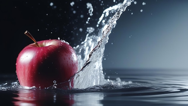 Une pomme mûre rouge avec des éclaboussures tombe dans l'eau sur un fond sombre avec un espace de copie