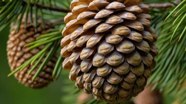 Une pomme de pin est représentée sur une branche.